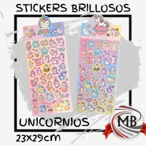 Plancha de stickers brillosos de unicornios 23x29 cm por mayor, calcomanias con glitter infantil y destellos metalizados de fantasia en librerias y regalerias con despacho en 24 horas por Correo Argentino en mbcomercializa.com.ar.