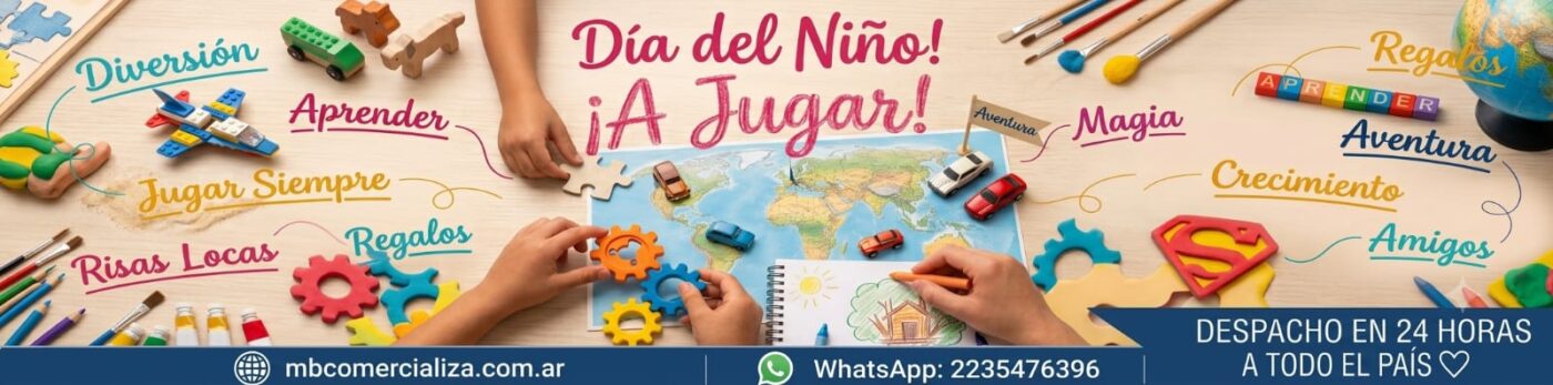 Banner oficial del Día del Niño en MB Comercializas. Distribuidor directo de juguetes y regalos con despacho rápido en 24 horas y precios directos mayoristas a toda Argentina vía Correo Argentino.