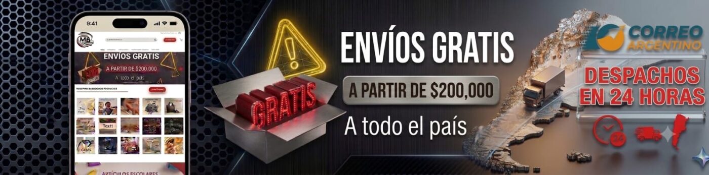 Banner promocional de envíos gratis a todo el país en compras mayoristas superiores a doscientos mil pesos en MB Comercializa. Distribuidor directo con logística integrada de Correo Argentino, despacho veloz garantizado en 24 horas y precios directos mayoristas a toda Argentina.