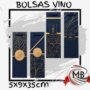 Bolsas para botellas de vino de cartón premium azul y oro por mayor, bolsa porta botella con diseño abstracto de líneas doradas para regalos selectos y bodegas con despacho rápido en 24 horas por Correo Argentino mediante mbcomercializa.com.ar.