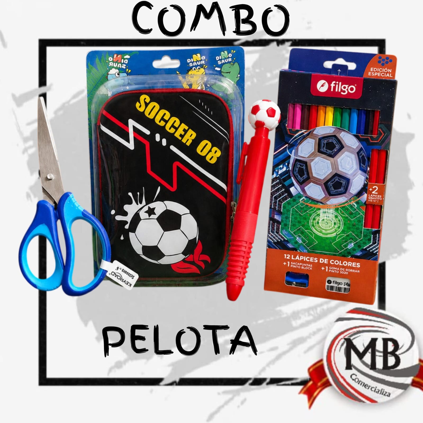Combo escolar de fútbol con cartuchera y útiles por mayor en MB Comercializas. Distribuidor directo con despacho rápido en 24 horas a toda Argentina vía Correo Argentino.