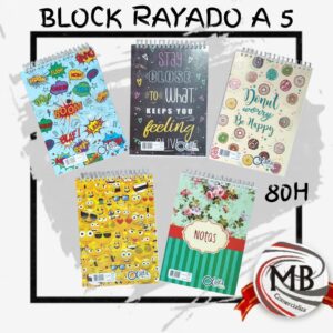 Block anillado A5 espiral superior 80 hojas rayadas con tapas ilustradas variadas libreta anotador libreria escolar venta mayorista MB Comercializa.