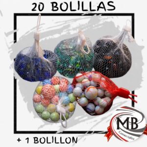 Bolsita de red con 20 bolillas canicas de vidrio y 1 bolillon grande juego tradicional de mesa venta mayorista MB Comercializa.
