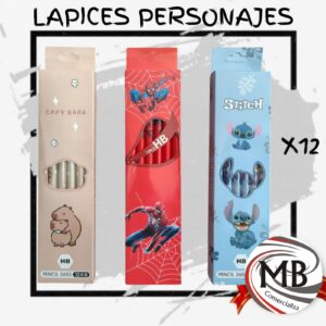 Caja de lapices negros hb x 12 unidades utiles escolares con disenos de personajes capibara stitch y tematicos libreria mayorista MB Comercializa.