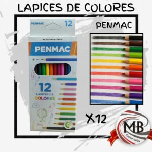 Lápices de colores marca penmac caja por 12 unidades largos mina resistente colores intensos utiles escolares libreria venta mayorista MB Comercializa.