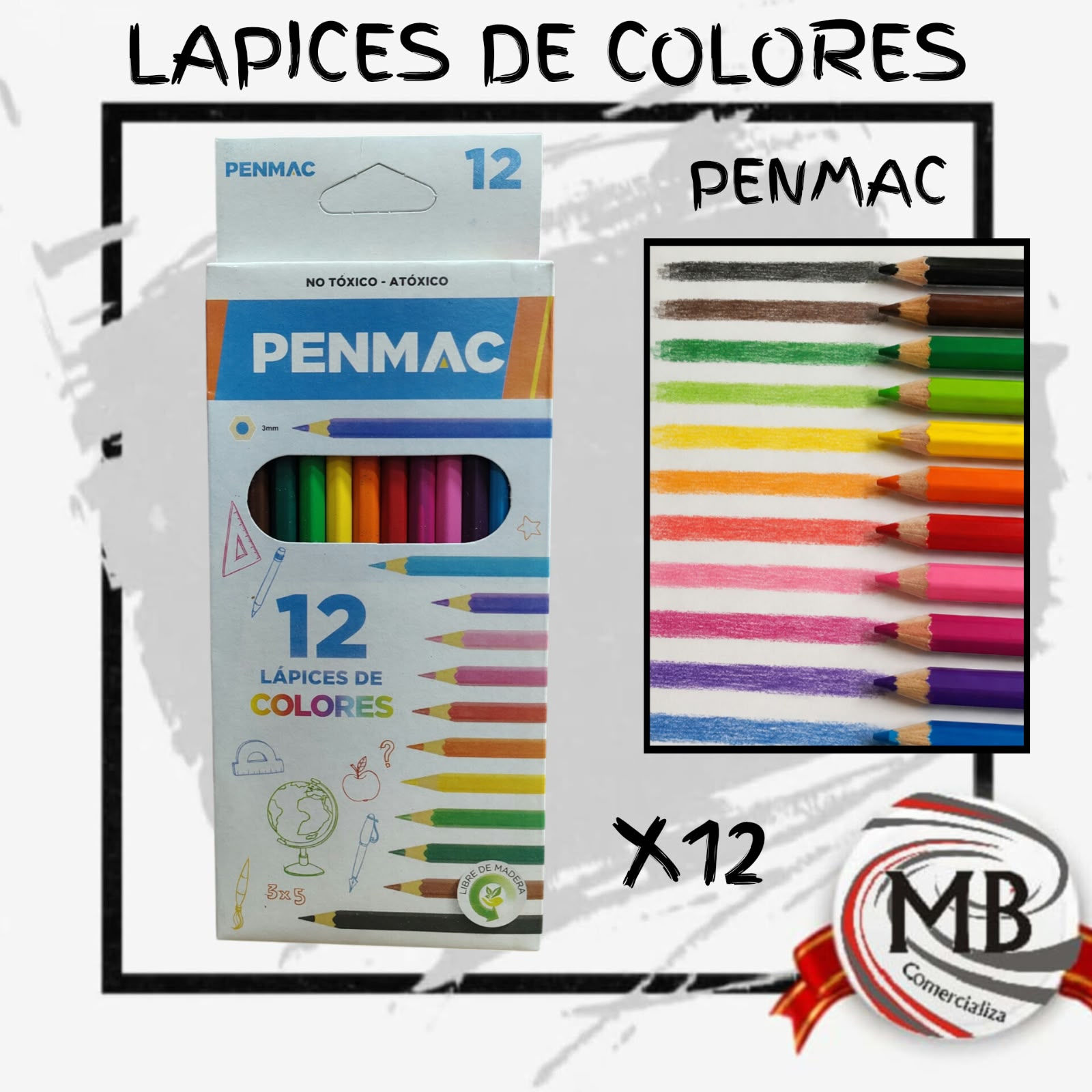 Lápices de colores marca penmac caja por 12 unidades largos mina resistente colores intensos utiles escolares libreria venta mayorista MB Comercializa.