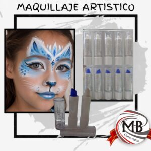 Maquillaje artistico en barra labial retractil blanco y azul por mayor MB Comercializa.