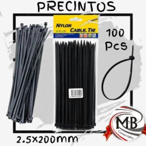 Precintos plasticos de nylon negros 20 cm x 2.5 mm x 100 unidades abrazaderas sujetacables ferreteria electricidad venta mayorista MB Comercializa.