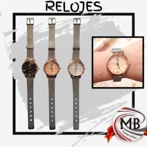 Reloj de pulsera analogo de dama caja dorada oro rosa malla tejida metalica estilo milanesa cuadrante con strass regalia venta mayorista MB Comercializa.