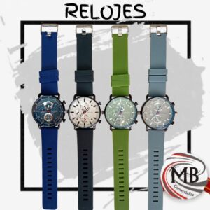 Reloj de pulsera analogo de hombre estilo deportivo caja metalica cuadrante con subdiales y malla de silicona de colores regalia venta mayorista MB Comercializa.