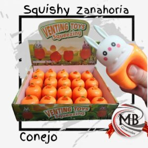 Squishy zanahoria con conejo emergente pop up juguete antiestres sensorial de goma presion apretar caja exhibidora venta mayorista MB Comercializa.
