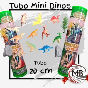 Tubo de mini dinosaurios x 12 piezas de plastico con plantas y rocas juego didactico infantil venta mayorista MB Comercializa.