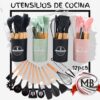 Set de 12 utensilios de cocina de silicona antiadherente con mango de madera y vaso contenedor bazar hogar venta mayorista MB Comercializa.