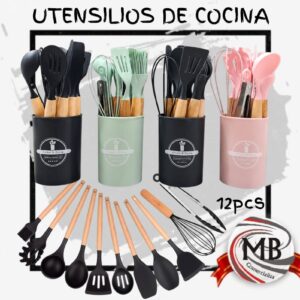 Set de 12 utensilios de cocina de silicona antiadherente con mango de madera y vaso contenedor bazar hogar venta mayorista MB Comercializa.