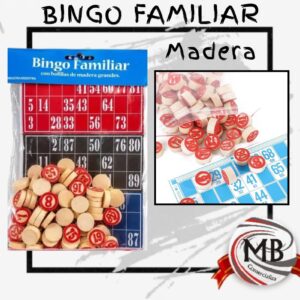 Juego bingo familiar con fichas bolillas de madera grandes impresas en rojo y cartones numerados juego de mesa clasico venta mayorista MB Comercializa.