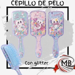 Cepillo para pelo plano desenredante infantil con glitter lentejuelas moviles liquida estampa gatito gato accesorios de cabello venta mayorista MB Comercializa.