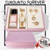 Set kit de regalo para mujer conjunto forever estuche rosa incluye fragancia perfume reloj de pulsera dorado dije con cadena aros y anillo con strass joyeria perfumeria venta mayorista MB Comercializa.