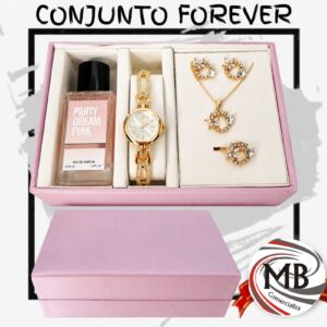 Set kit de regalo para mujer conjunto forever estuche rosa incluye fragancia perfume reloj de pulsera dorado dije con cadena aros y anillo con strass joyeria perfumeria venta mayorista MB Comercializa.