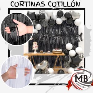 Cortina de flecos metalizados tonos blanco y negro fondo de decoracion para fotos cumpleanos eventos cotillon venta mayorista MB Comercializa.
