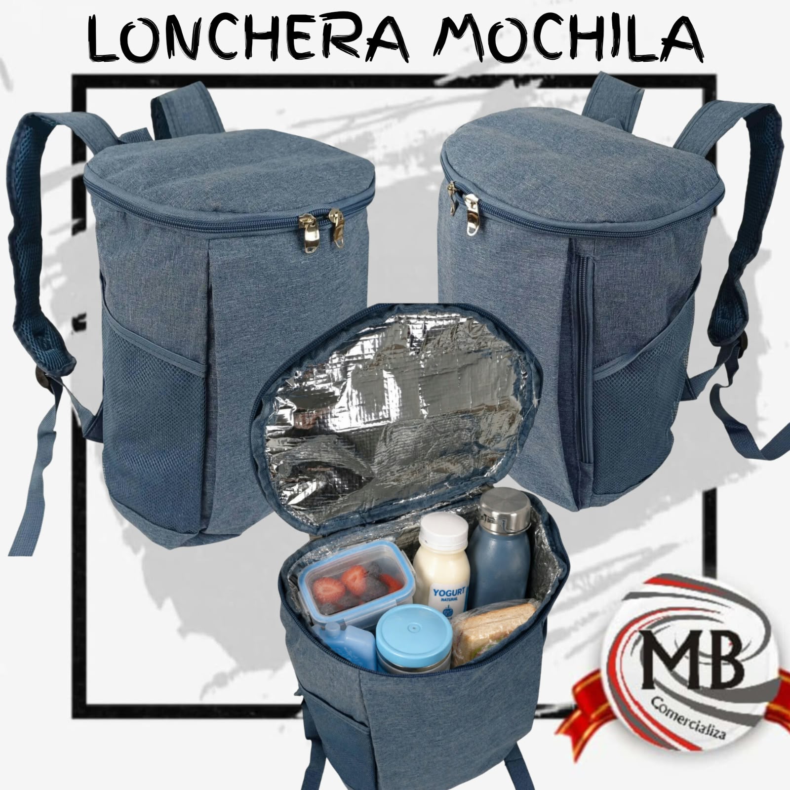 Mochila lonchera termica zaphir azul denim aislante térmico para vianda alimentos bebidas tiras de espalda marroquineria venta mayorista MB Comercializa.