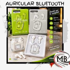Auriculares inalambricos bluetooth ultrapods diseño transparente con estuche de carga pantalla led digital indicador de bateria manos libres con microfono tecnologia sonido estereo regalería electronica venta mayorista MB Comercializa.