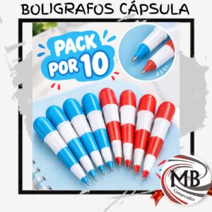 Boligrafos capsula retráctiles desplegables pack x 10 unidades biromes de plastico forma de pastilla colores azul y rojo utiles escolares libreria regaleria souvenir cotillon venta mayorista MB Comercializa.