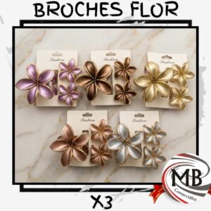 Broches para cabello flor tropical plumeria hawaiana garra pinza metalizada acabado satinado bronce dorado plata lila pack por 3 unidades accesorios dama verano venta mayorista MB Comercializa.