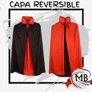 Capa reversible disfraz halloween negro y rojo con cuello erguido accesorio vampiro brujo caracterizacion cotillon eventos venta mayorista MB Comercializa.