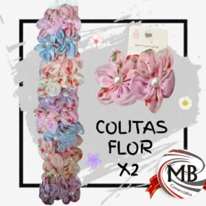 Colitas de pelo elastizadas pack por 2 unidades flor de tela satinada estampada flores perla central incrustada gomitas para cabello tonos rosa azul celeste beige lila accesorios dama ninas venta mayorista MB Comercializa.