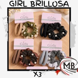 Colitas de pelo elásticas pack por 3 unidades scrunchie tejido hilo brillante lurex con perlas incrustadas y colitas lisas elasticas tonos negro marron verde oliva gris plata accesorios dama venta mayorista MB Comercializa.