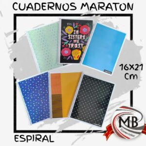 Cuadernos con espiral marca maraton medida 16x21 cm rayados 42 hojas tapas con diseños variados lunares frases estampados utiles escolares libreria venta mayorista MB Comercializa.