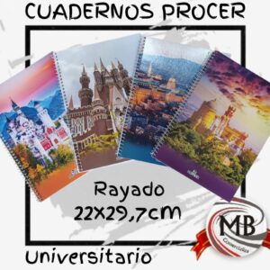 Cuadernos universitarios con espiral marca procer medida 22x29 7 cm rayados tapas con fotografias de paisajes y castillos utiles escolares libreria venta mayorista MB Comercializa.