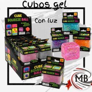 Cubos de gel squishy con luz led cube squeeze ball juguete antiestres sensorial transparente con brillos y purpurina colores surtidos caja exhibidora jugueteria venta mayorista MB Comercializa.