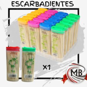 Escarbadientes palillos de madera de bambu en envase salero plastico con tapa dosificadora de colores bazar descartables cocina mesa venta mayorista MB Comercializa.