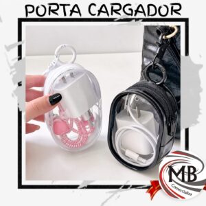 Estuche porta cargador transparente pvc organizador de cables con cierre y gancho mosqueton estuche rigido mini bolso protector accesorios celular tecnologia viaje regaleria venta mayorista MB Comercializa.