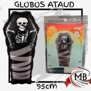 Globo metalizado ataud con esqueleto halloween 95 cm gigante negro y blanco figura silueta decoracion ambientacion fiestas cotillon venta mayorista MB Comercializa.