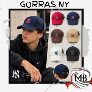 Gorras de gabardina con visera curva bordadas logo NY New York estilo urbano broche regulable hebilla metalica colores azul rojo marron beige blanco negro venta mayorista MB Comercializa.