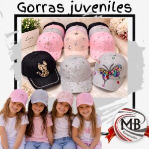 Gorras juveniles para ninas con visera curva aplique de strass brillos estampados mariposa gato estrellas broche regulable indumentaria accesorios moda venta mayorista MB Comercializa.