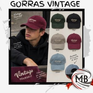 Gorras de gabardina lavada estilo vintage con visera curva bordadas con texto vintage yourself efecto gastado broche regulable hebilla metalica colores borravino verde ingles negro beige celeste venta mayorista MB Comercializa.