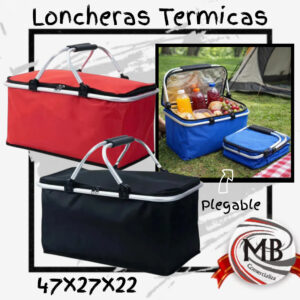 Lonchera termica bolso canasto plegable para picnic playa camping medidas 47x27x22 cm revestimiento de aluminio aislante manijas dobles de aluminio plegable colores rojo negro azul venta mayorista MB Comercializa.