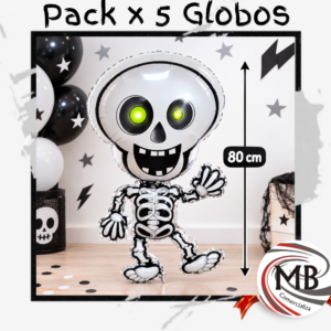 Globo metalizado esqueleto gigante 80 cm calavera halloween pack x5 unidades aire helio ambientacion de fiestas cotillon luminosos fiesta regaleria venta mayorista MB Comercializa.