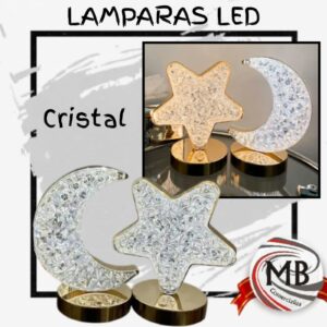 Lampara led velador cristal luna estrella base dorada luz calida decoracion mesa de noche hogar eventos ambientacion regalería bazar cotillon venta mayorista MB Comercializa.