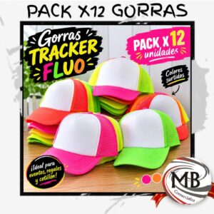 Gorras trucker tracker fluo frente blanco para sublimar con red de colores neón fucsia verde amarillo naranja pack x 12 unidades cotillon eventos estampar venta mayorista MB Comercializa.