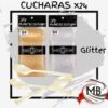 Cucharas descartables de plastico con glitter purpurina dorado y transparente pack x 24 unidades vajilla descartable para fiestas cumpleanios eventos cotillon bazar venta mayorista MB Comercializa.