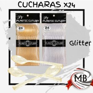 Cucharas descartables de plastico con glitter purpurina dorado y transparente pack x 24 unidades vajilla descartable para fiestas cumpleanios eventos cotillon bazar venta mayorista MB Comercializa.