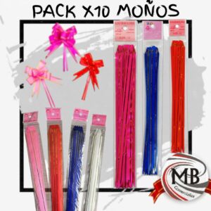Moños faciles para regalo pack x10 unidades moño autodesarmable cinta plastica metalizada colores surtidos bolsas moños papel regalo libreria cotillon regalería venta mayorista MB Comercializa.
