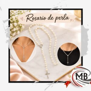 Rosario de perlas sinteticas collar con cruz dije religioso bijouterie acero quirurgico accesorios de moda souvenir comunión regalería venta mayorista MB Comercializa.