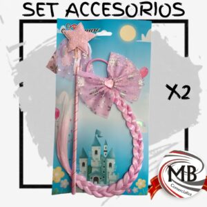 Set de princesa varita magica con estrella y trenza de pelo postiza con moño brillos accesorios para disfraz infantil juegos y juguetes regaleria venta mayorista MB Comercializa.