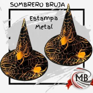 Sombrero de bruja conico halloween estampa metalizada dorado naranja telarañas arañas gorro disfraz accesorio cotillon eventos venta mayorista MB Comercializa.