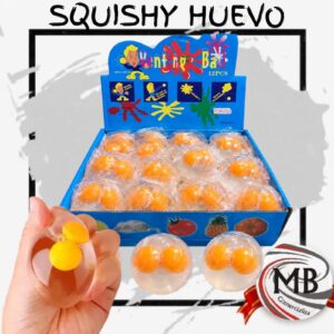 Squishy huevo juguete antiestres apretable pelota transparente con yema liquida textura suave juego sensorial infantil regalo novedad caja exhibidora venta mayorista MB Comercializa.
